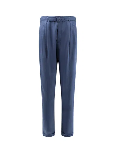 Saint Laurent Silk Trousers With Belt In Blue
