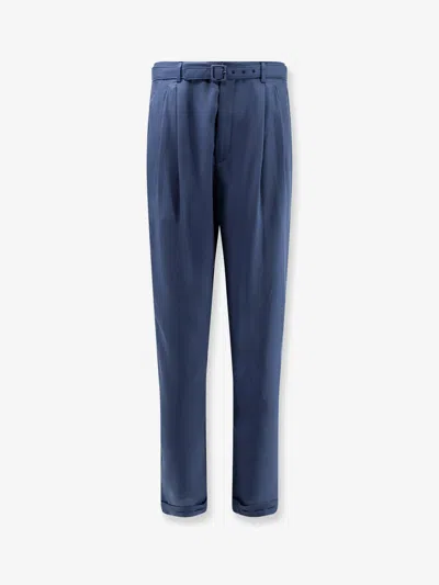 Saint Laurent Tailored Pants With Habutai Silk Belt In Blue