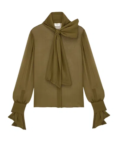 Saint Laurent Silk-crepe Muslin Tie Shirt In Brown