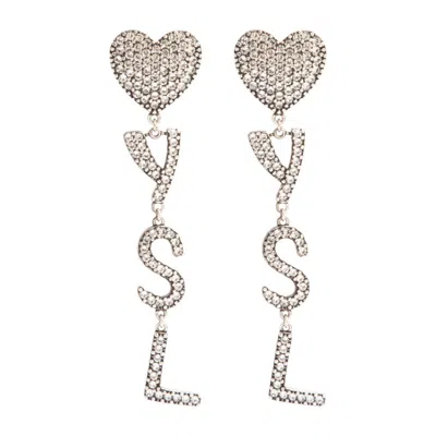 Saint Laurent Silver Coeur Earrings In  Argent Oxyde Crystal