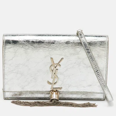 Pre-owned Saint Laurent Silver Crackled Leather Kate Tassel Wallet On Chain