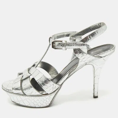Pre-owned Saint Laurent Silver Croc Embossed Leather Tribute Ankle Strap Sandals Size 38.5