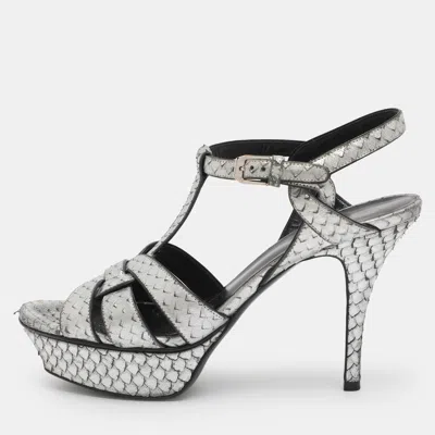 Pre-owned Saint Laurent Silver Faux Snakeskin Leather Tribute Platform Sandals Size 37.5