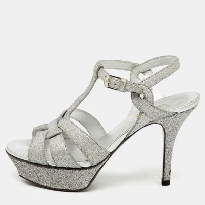 Pre-owned Saint Laurent Silver Glitter And Leather Tribute Platform Sandals Size 36