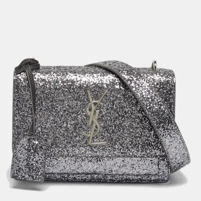 Pre-owned Saint Laurent Silver Glitter Leather Small Sunset Chain Shoulder Bag