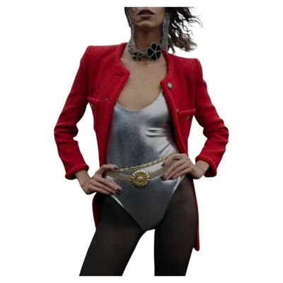 Pre-owned Saint Laurent Silver Lamé Metallic Bodysuit Collection Fall Rtw21 In Black