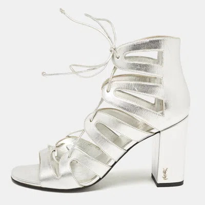 Pre-owned Saint Laurent Silver Leather Babes Lace Up Sandals Size 38