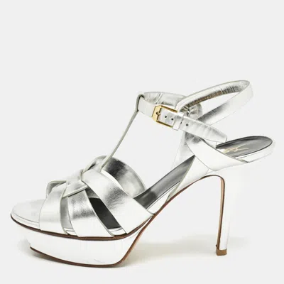 Pre-owned Saint Laurent Silver Leather Tribute Platform Sandals Size 38