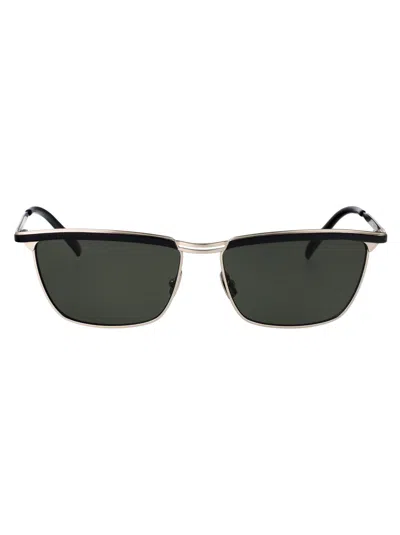 Saint Laurent Silver-silver-grey Metal Sunglasses In Green