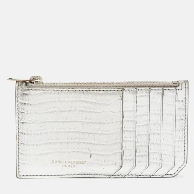 Pre-owned Saint Laurent Silver Textured Leather Zip Card Holder