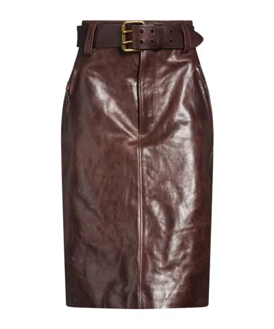 Saint Laurent Simple Leather Skirt In Brown