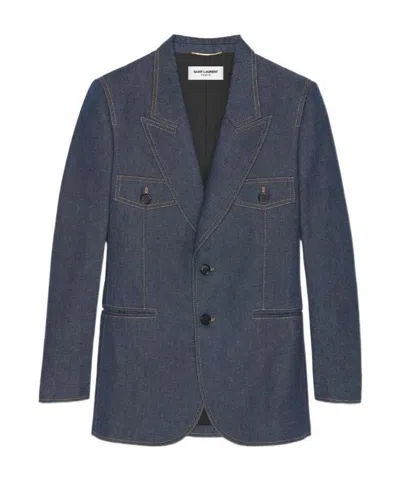 Saint Laurent Single-breasted Denim Blazer In Blue