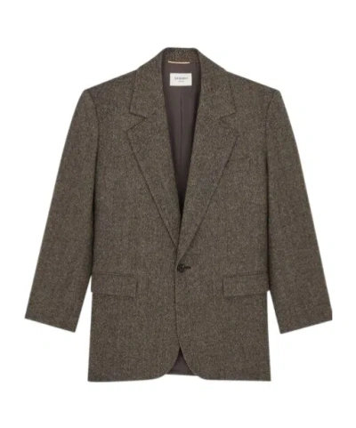 Saint Laurent Single-breasted Jacket In Herringbone Wool In Brown