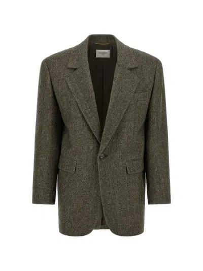 Saint Laurent Single-breasted Jacket In Herringbone Wool In Green