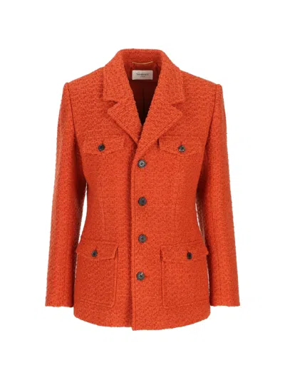 Saint Laurent Single-breasted Jacket In Tweed In Orange