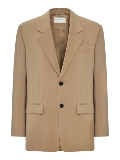 Saint Laurent Single-breasted Jacket In Wool And Mohair In Brown