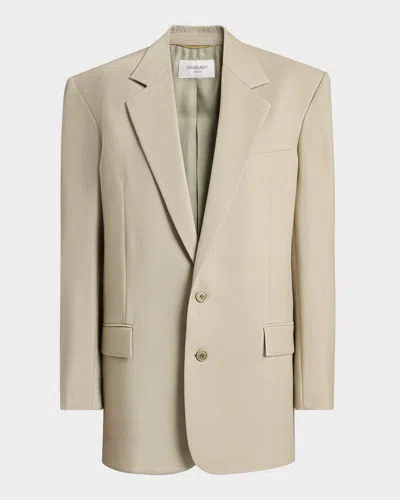 Saint Laurent Single-breasted Oversized Wool-silk Blazer Jacket In Neutral