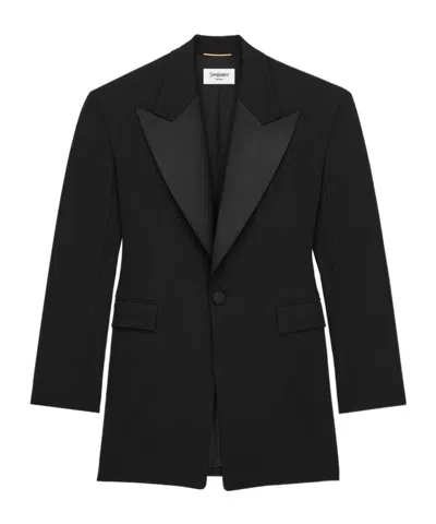 Saint Laurent Single-breasted Tuxedo Jacket In Grain De Poudre In Black
