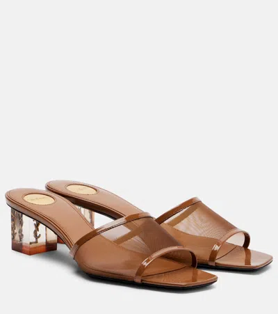 Saint Laurent Sip Leather-trimmed Mesh Mules In Brown