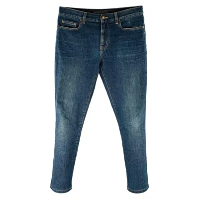 Pre-owned Saint Laurent Size 30 Blue Contrast Stitch Cotton Blend Straight Jeans