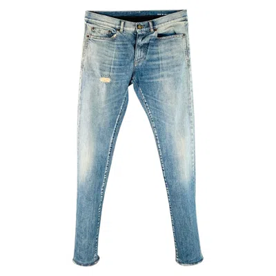 Pre-owned Saint Laurent Size 30 Blue Distressed Cotton Blend Twill Slim Tapered Jeans