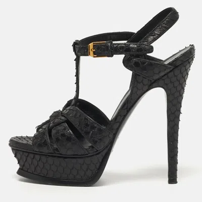 Pre-owned Saint Laurent Size 35 Black Python Embossed Leather Platform Sandals