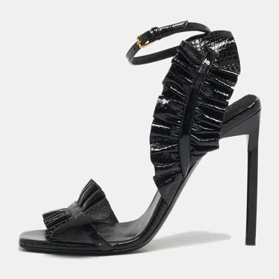 Pre-owned Saint Laurent Size 35 Black Snakeskin Embossed Patent Leather Ankle Strap Sandals