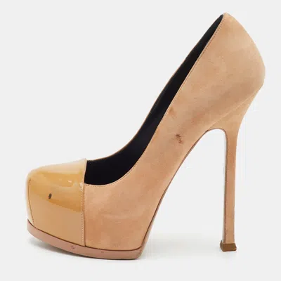Pre-owned Saint Laurent Size 35.5 Beige Patent Leather And Suede Platform Pumps