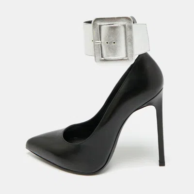 Pre-owned Saint Laurent Size 35.5 Black Leather Escarpin Ankle Cuff Pumps