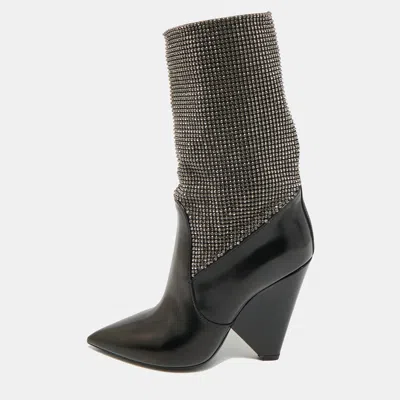 Pre-owned Saint Laurent Size 36 Black Leather And Mesh Crystal Embellished Ankle Length Boots