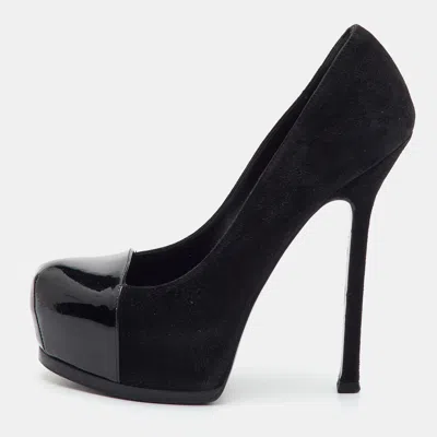 Pre-owned Saint Laurent Size 36 Black Suede And Patent Leather Cap Toe Platform Pumps