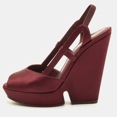 Pre-owned Saint Laurent Size 36 Burgundy Satin Platform Wedge Sandals
