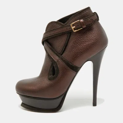 Pre-owned Saint Laurent Size 36 Metallic Leather Platform Ankle Length Boots In Silver