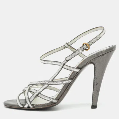 Pre-owned Saint Laurent Size 36 Silver Karung Leather Strappy Ankle Strap Sandals