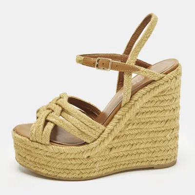 Pre-owned Saint Laurent Size 36.5 Beige Braided Jute Platform Wedge Ankle Strap Sandals