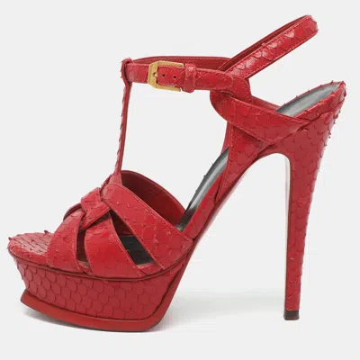 Pre-owned Saint Laurent Size 36.5 Red Python Embossed Leather Platform Sandals