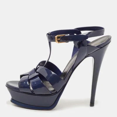 Pre-owned Saint Laurent Size 37.5 Navy Blue Patent Leather Platform Sandals