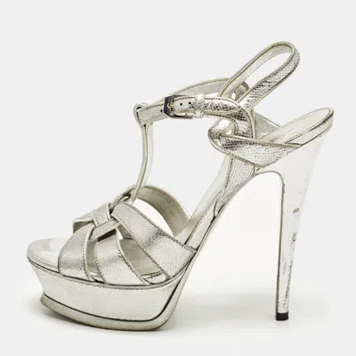 Pre-owned Saint Laurent Size 37.5 Silver Leather Platform Sandals