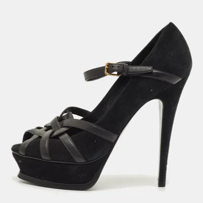 Pre-owned Saint Laurent Size 38 Black Leather And Suede Strappy Platform Pumps