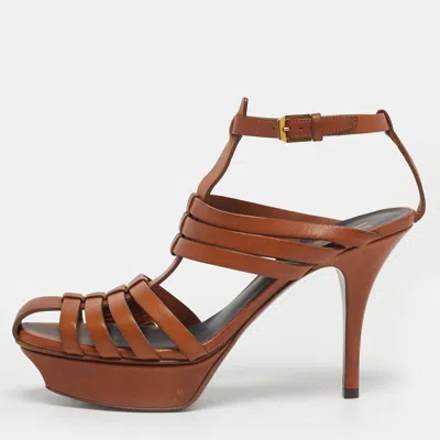 Pre-owned Saint Laurent Size 38 Brown Leather Ankle Strap Sandals