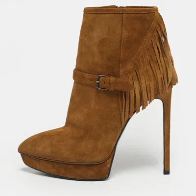 Pre-owned Saint Laurent Size 38 Brown Suede Western Fringe Platform Ankle Length Boots