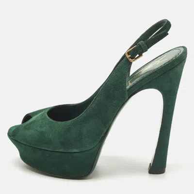 Pre-owned Saint Laurent Size 38 Green Suede Platform Slingback Pumps