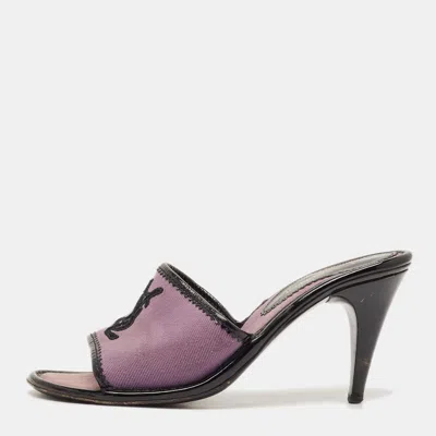 Pre-owned Saint Laurent Size 38 Purple/black Canvas And Patent Leather Logo Slide Sandals