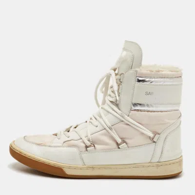 Pre-owned Saint Laurent Size 38 White Fabric And Leather Lace Up High Top Sneakers