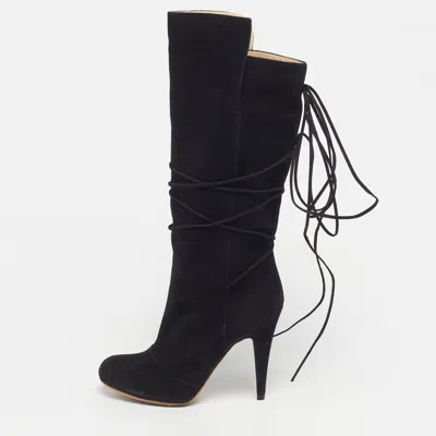 Pre-owned Saint Laurent Size 38.5 Black Suede Mid Calf Boots
