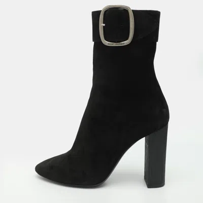 Pre-owned Saint Laurent Size 38.5 Black Suede Mid Calf Boots