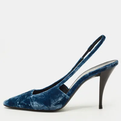 Pre-owned Saint Laurent Size 38.5 Navy Blue Velvet Slingback Pumps