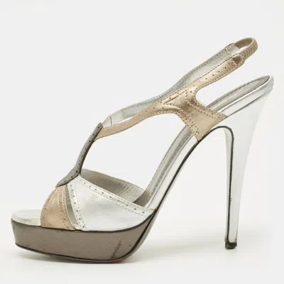 Pre-owned Saint Laurent Size 38.5 Silver Leather Ankle Strap Sandals