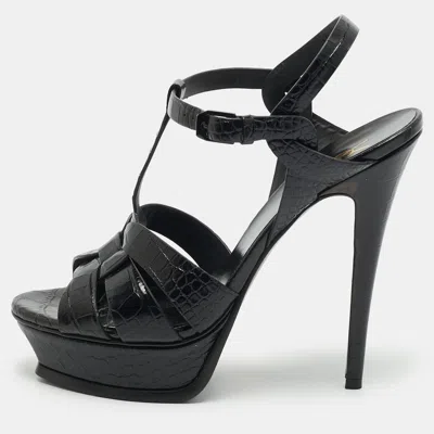 Pre-owned Saint Laurent Size 39 Black Croc Embossed Leather Platform Pumps