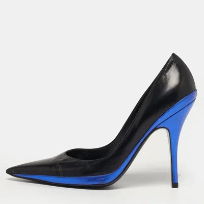 Pre-owned Saint Laurent Size 39 Black/blue Leather Pointed Toe Pumps